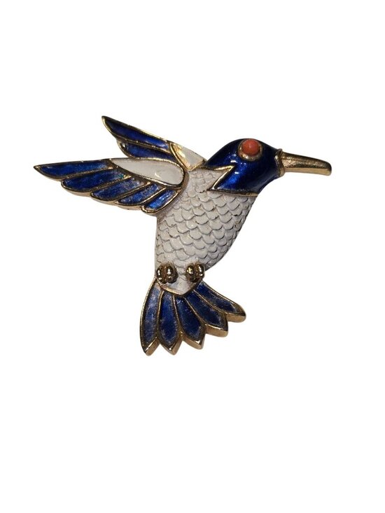 Trifari Jewelry - Vintage 80s Trifari Blue White Enamel Hummingbird Red Eye Cabochan Bird Brooch